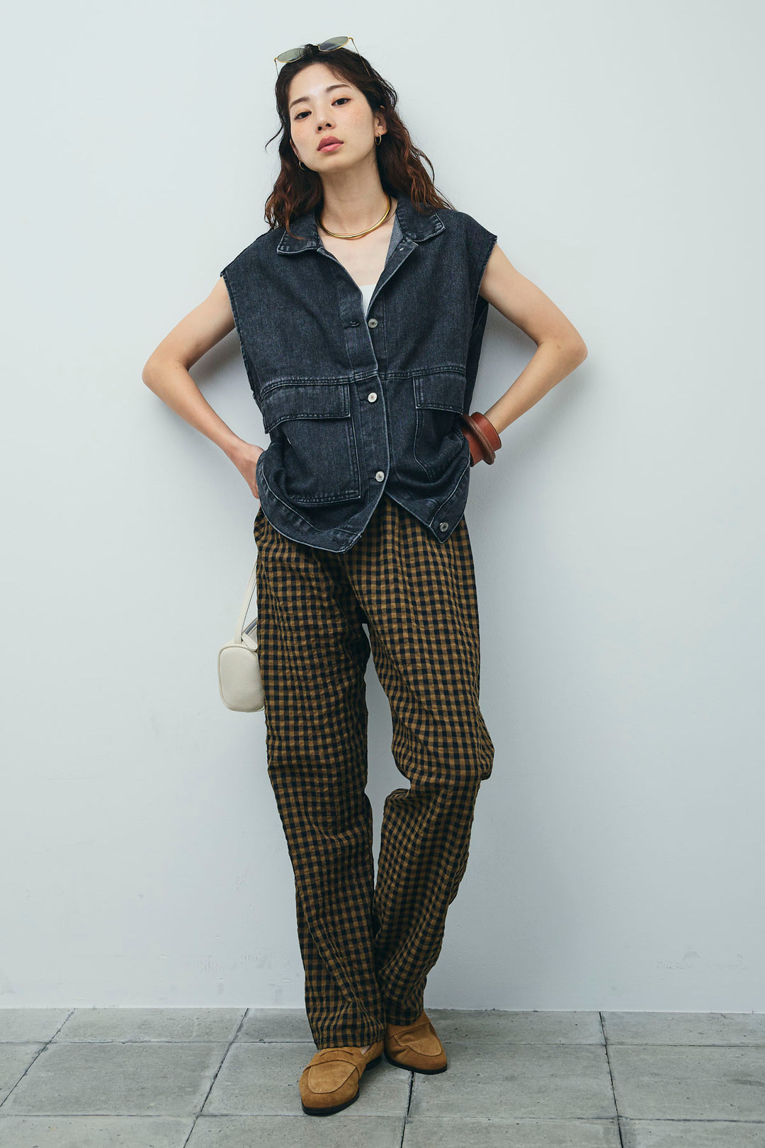 [予約/SET]オーバーサイズデニムベスト+チェックサッカー地パンツ(2set)