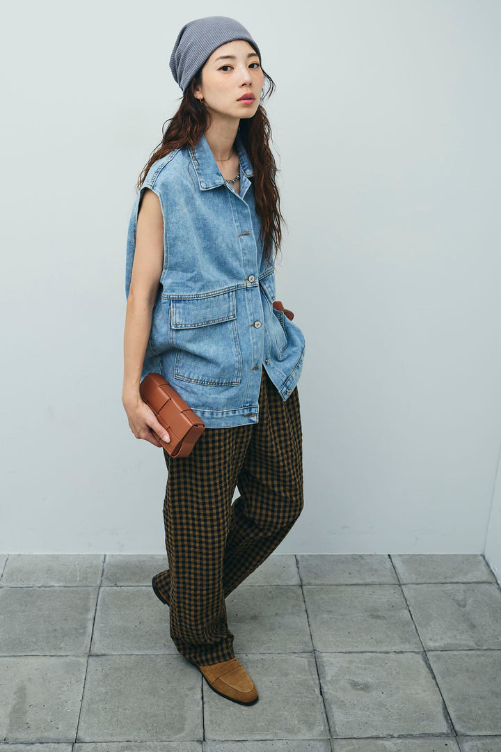 [予約/SET]オーバーサイズデニムベスト+チェックサッカー地パンツ(2set)