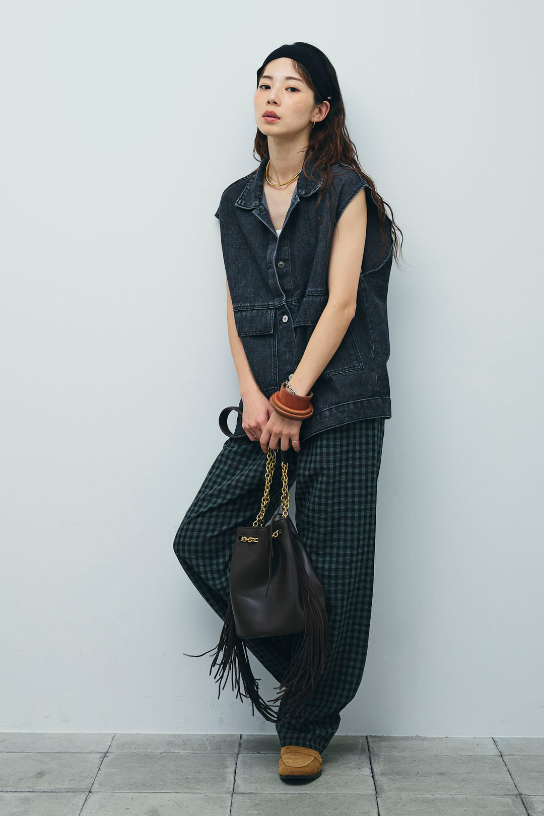 [予約/SET]オーバーサイズデニムベスト+チェックサッカー地パンツ(2set)