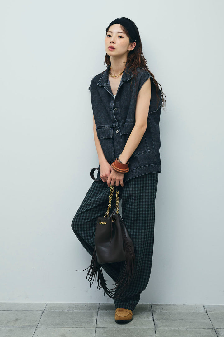 [予約/SET]オーバーサイズデニムベスト+チェックサッカー地パンツ(2set)
