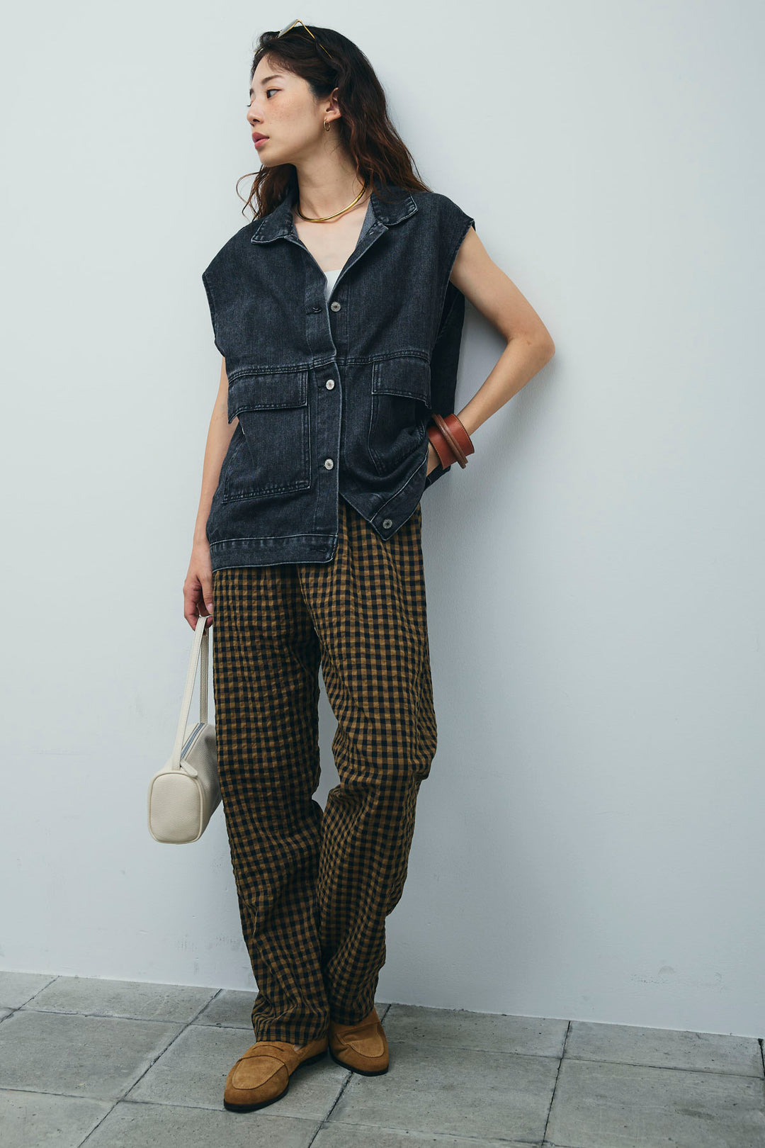 [予約/SET]オーバーサイズデニムベスト+チェックサッカー地パンツ(2set)