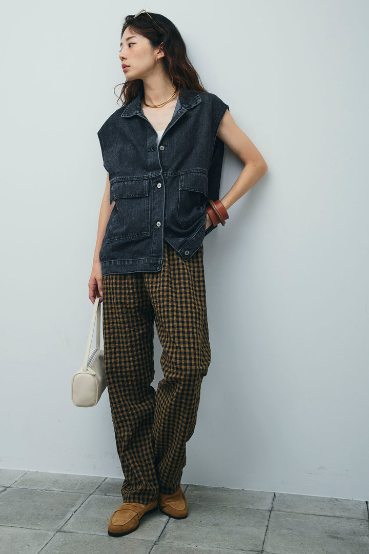 [予約/SET]オーバーサイズデニムベスト+チェックサッカー地パンツ(2set)