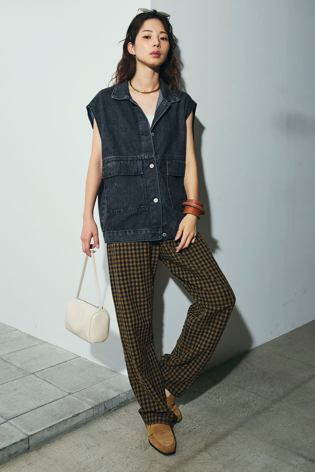 [予約/SET]オーバーサイズデニムベスト+チェックサッカー地パンツ(2set)