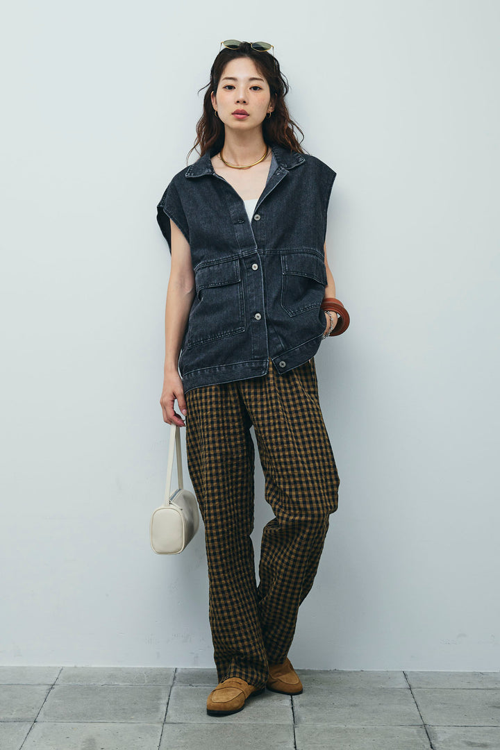 [予約/SET]オーバーサイズデニムベスト+チェックサッカー地パンツ(2set)