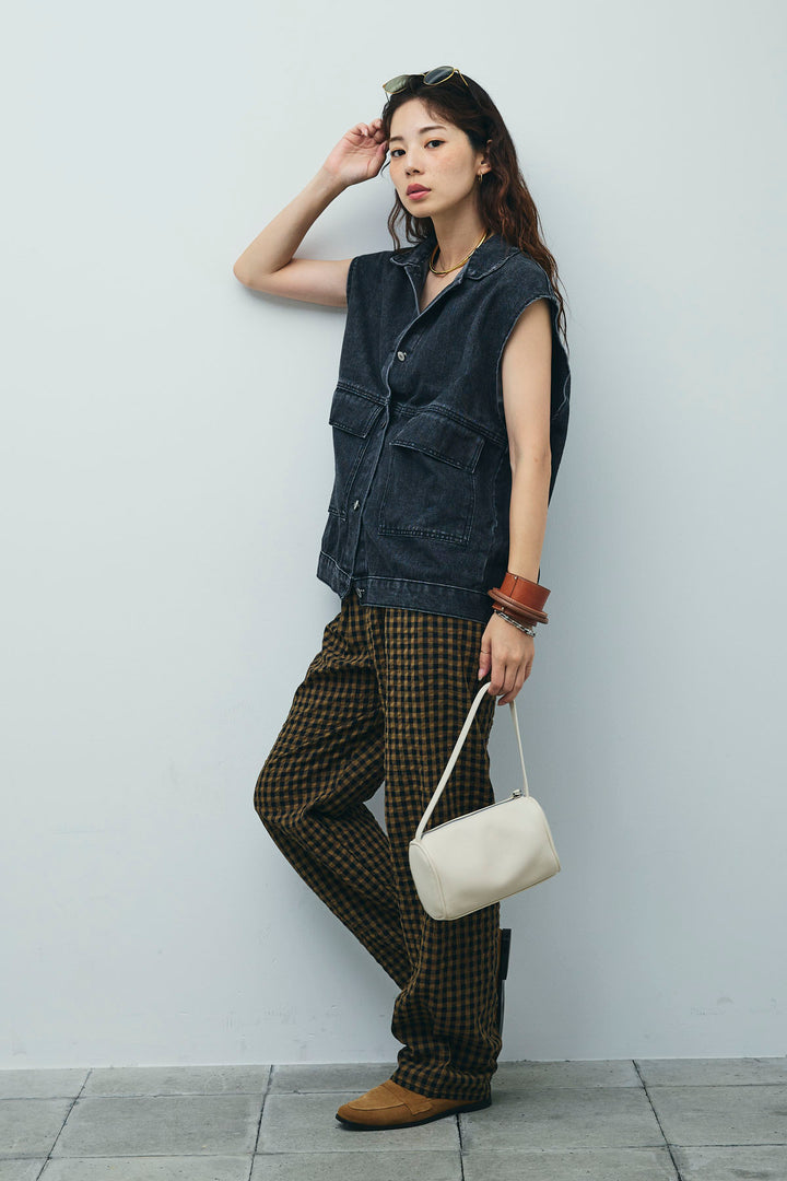 [予約/SET]オーバーサイズデニムベスト+チェックサッカー地パンツ(2set)