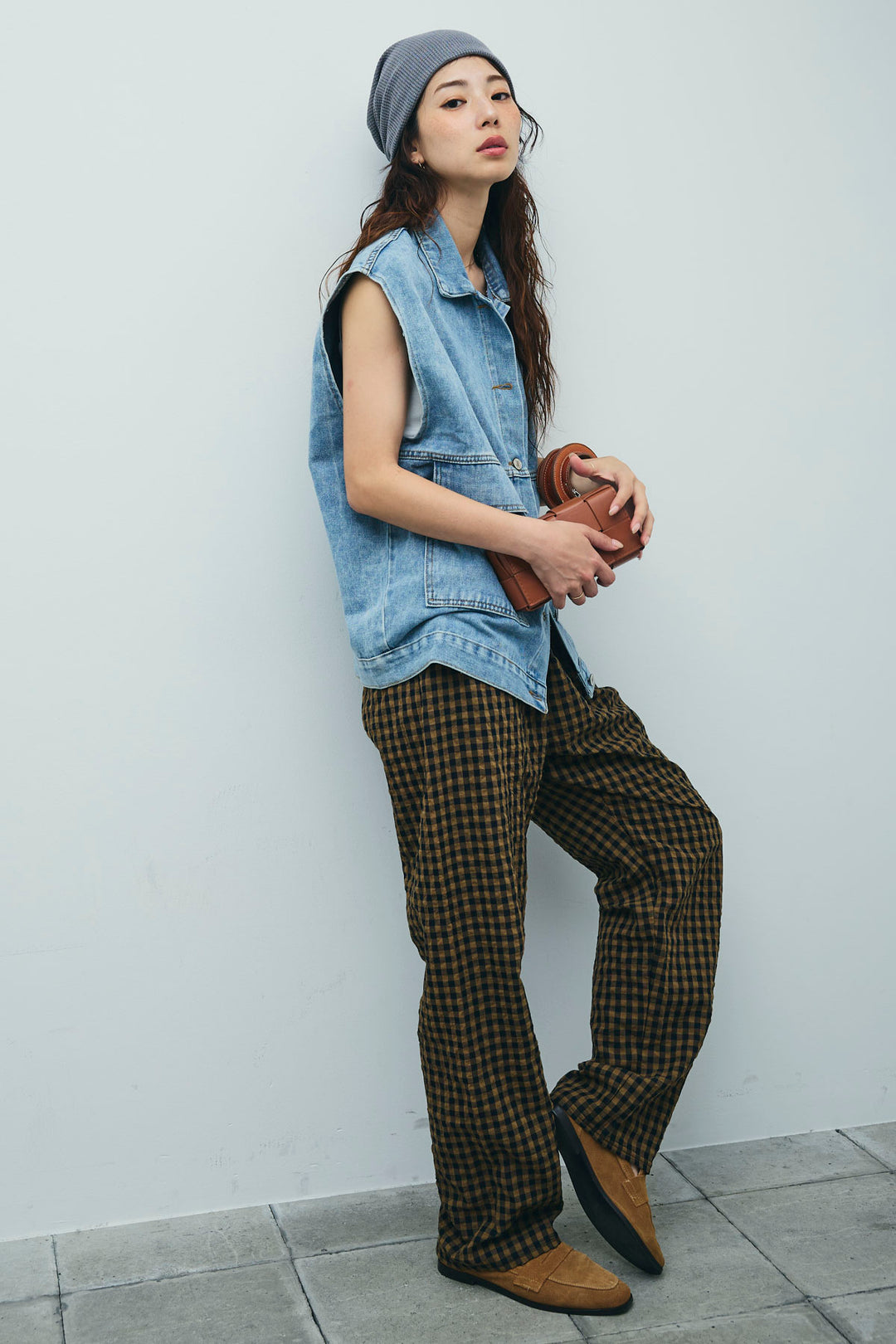 [予約/SET]オーバーサイズデニムベスト+チェックサッカー地パンツ(2set)