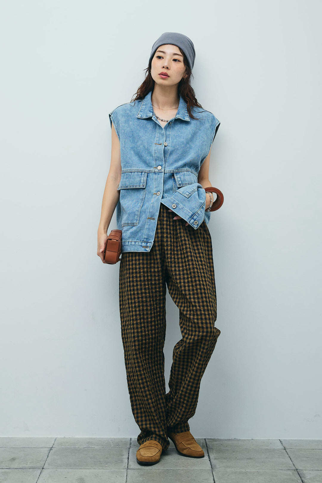 [予約/SET]オーバーサイズデニムベスト+チェックサッカー地パンツ(2set)
