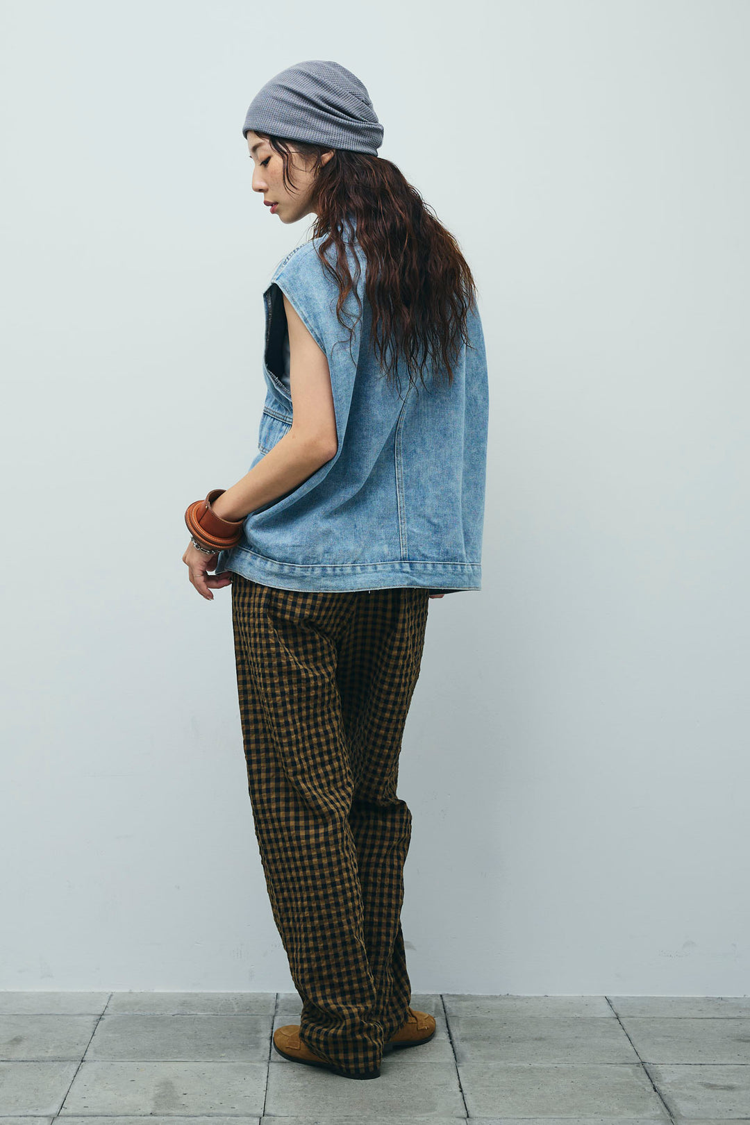 [予約/SET]オーバーサイズデニムベスト+チェックサッカー地パンツ(2set)