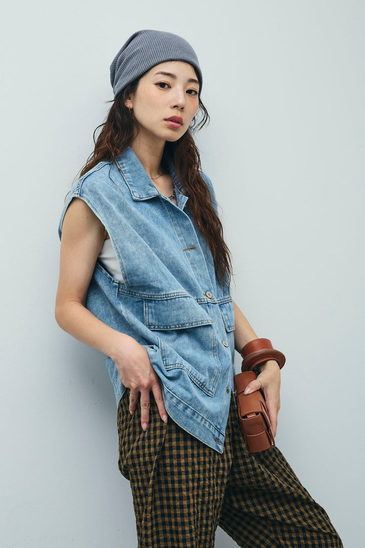 [予約/SET]オーバーサイズデニムベスト+チェックサッカー地パンツ(2set)