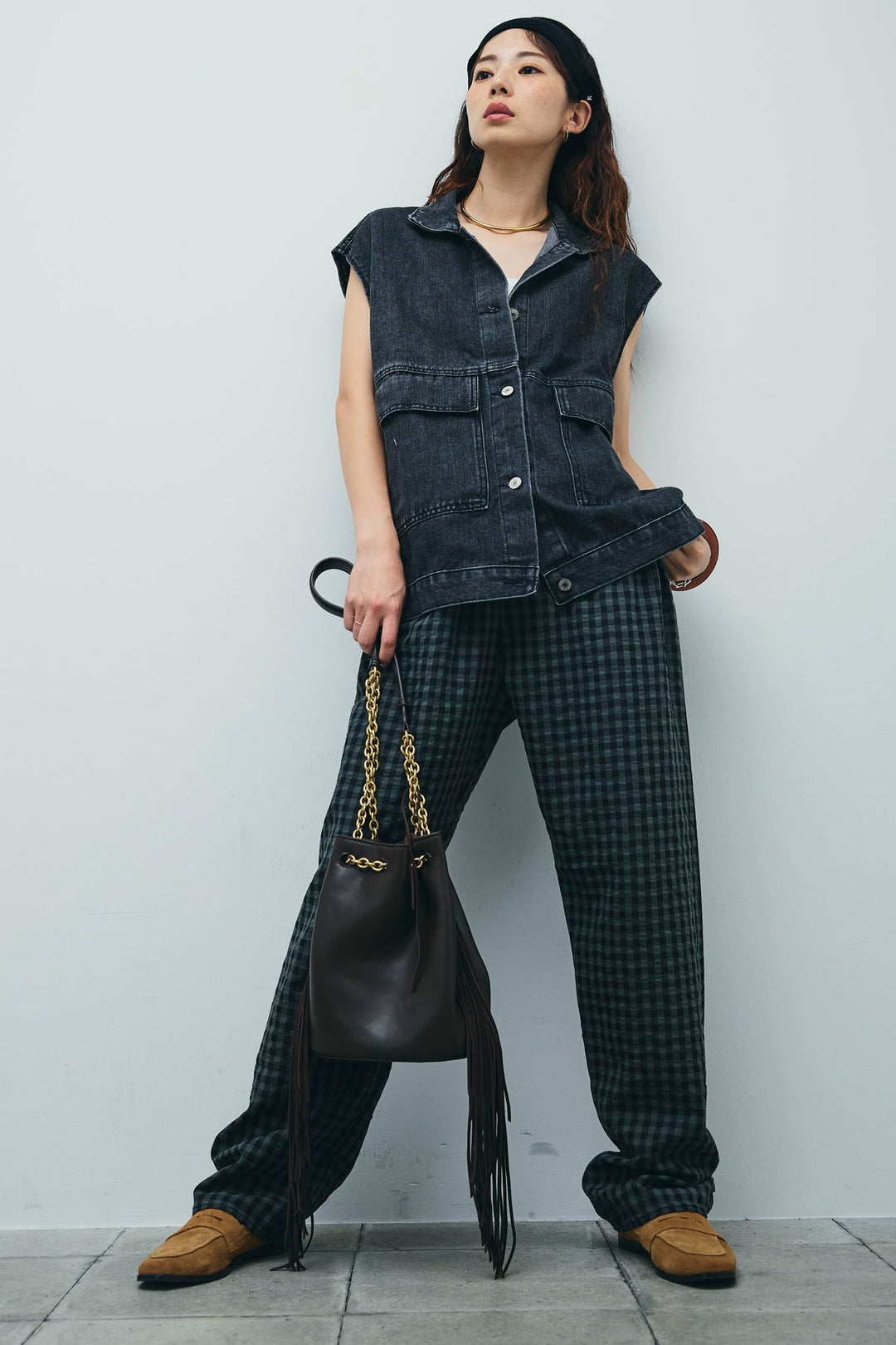 [予約/SET]オーバーサイズデニムベスト+チェックサッカー地パンツ(2set)