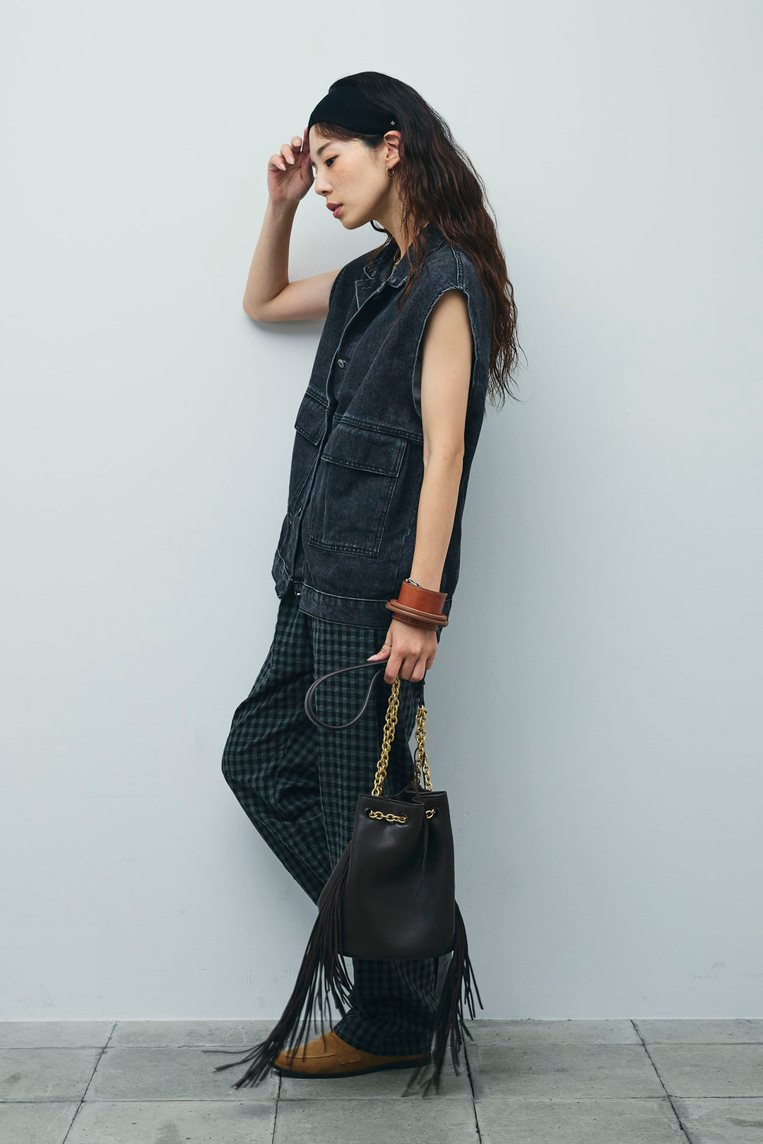 [予約/SET]オーバーサイズデニムベスト+チェックサッカー地パンツ(2set)