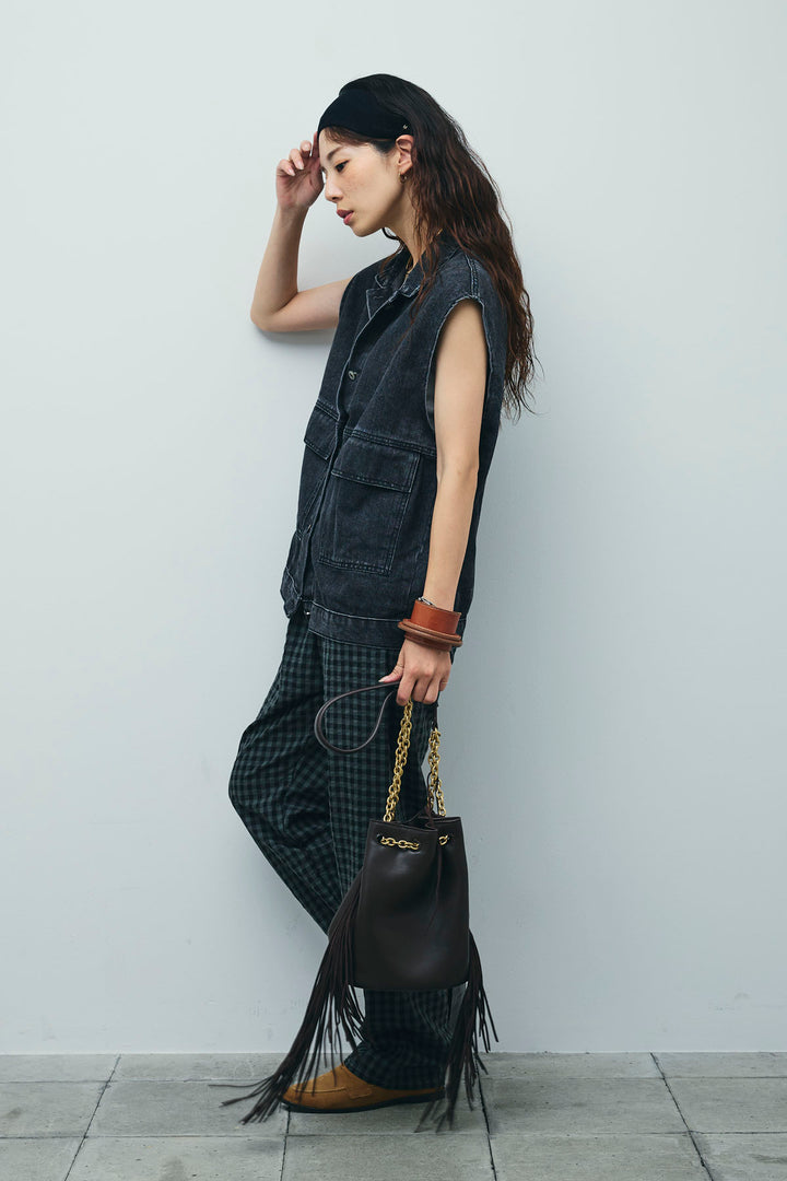 [予約/SET]オーバーサイズデニムベスト+チェックサッカー地パンツ(2set)