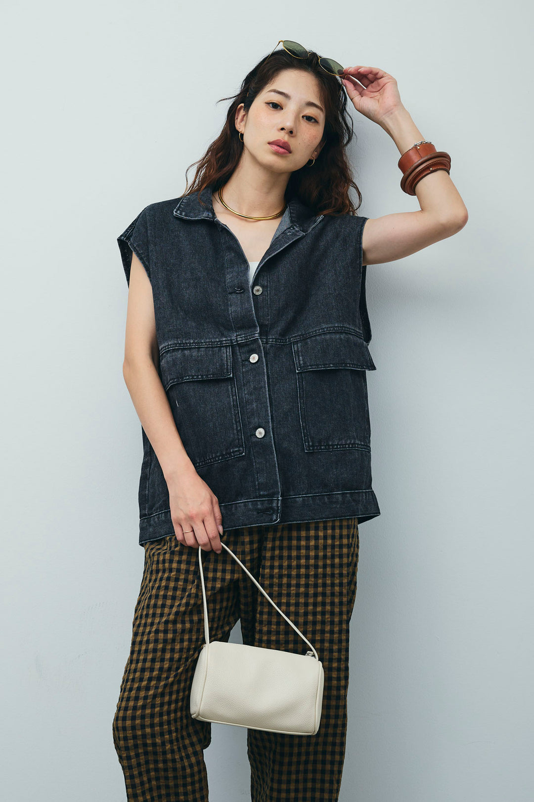 [予約/SET]オーバーサイズデニムベスト+チェックサッカー地パンツ(2set)
