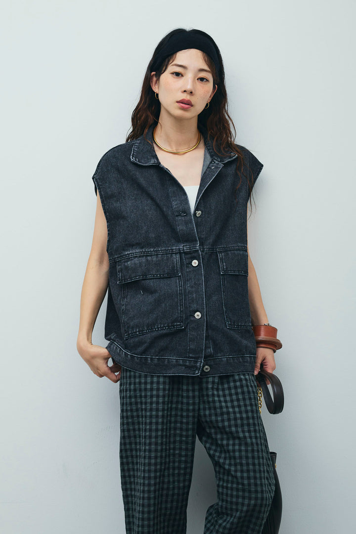 [予約/SET]オーバーサイズデニムベスト+チェックサッカー地パンツ(2set)