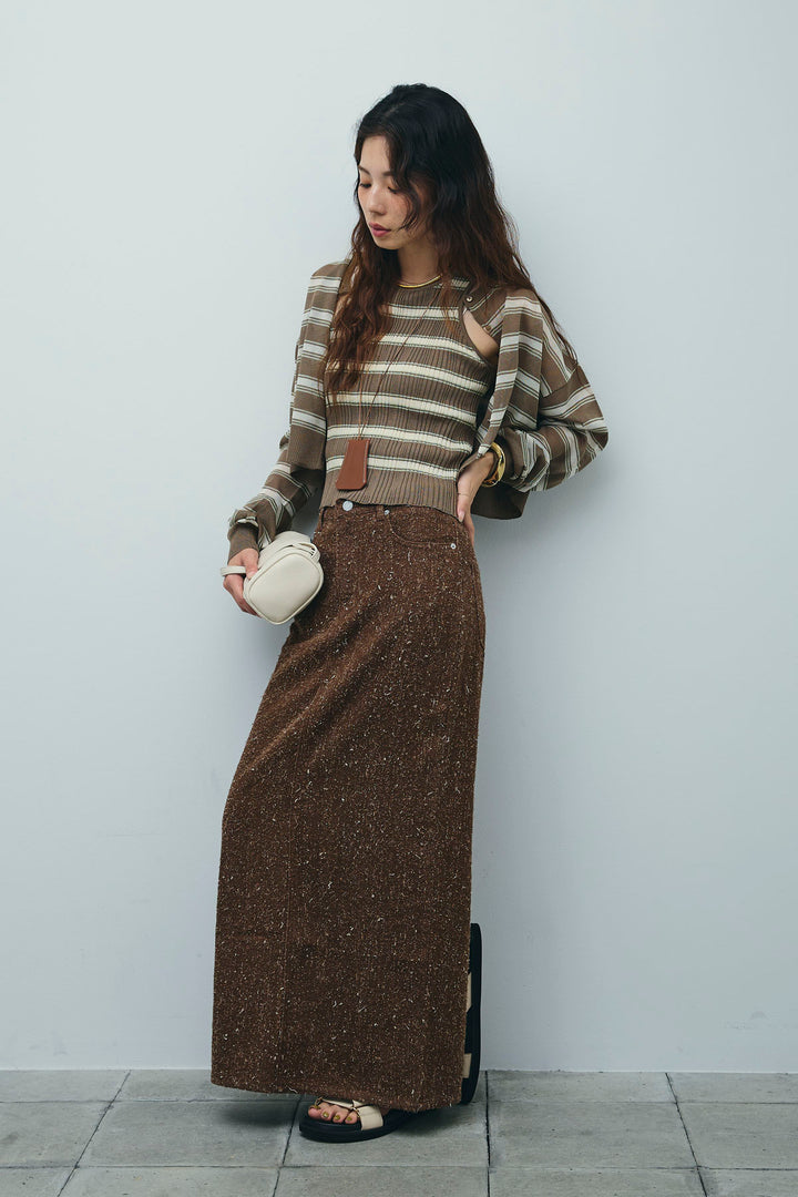 [予約/SET]ランダムボーダーアメスリタンク+ランダムボーダーシアーカーデ+ネップツイルストレートスカート(3set)