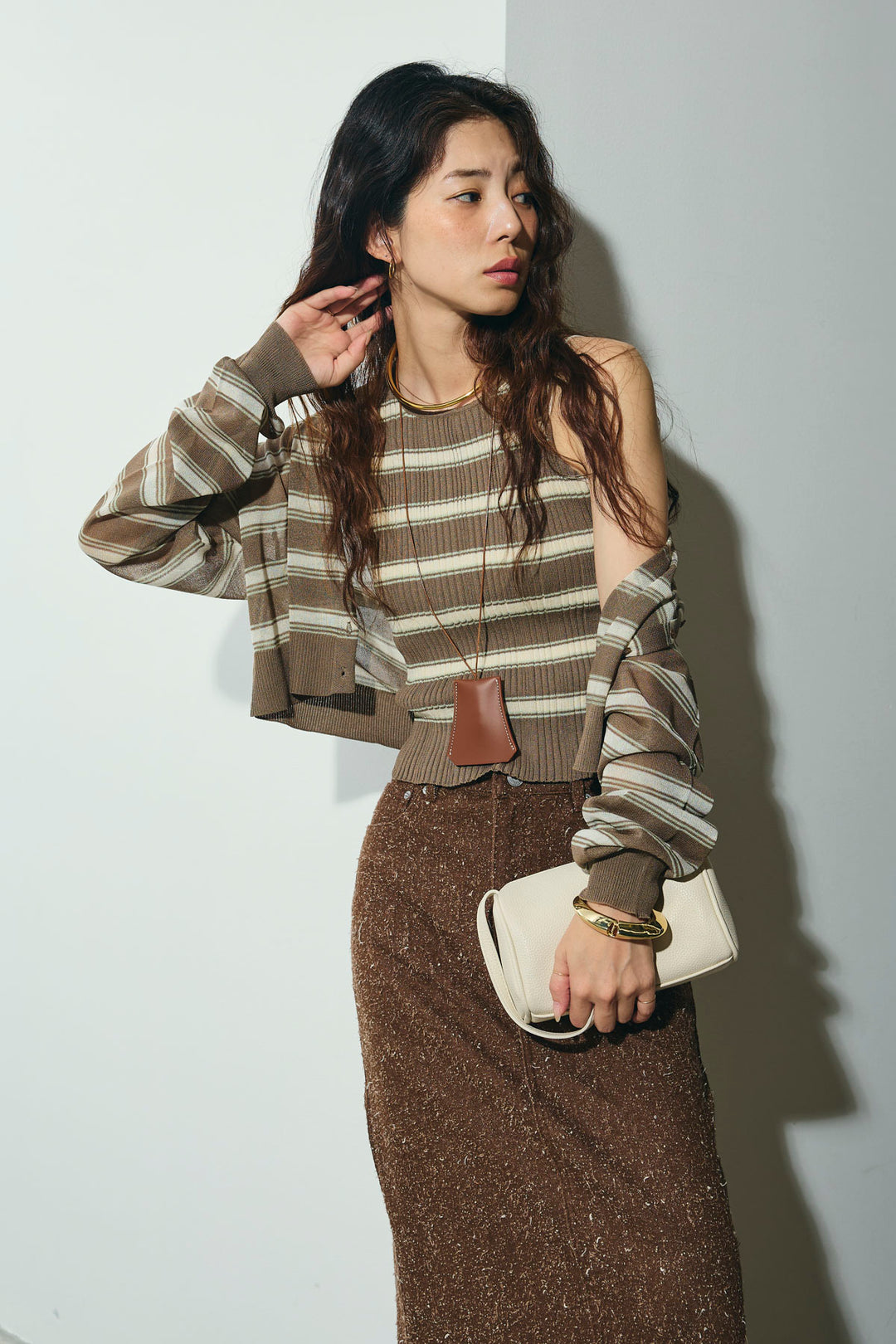 [予約/SET]ランダムボーダーアメスリタンク+ランダムボーダーシアーカーデ+ネップツイルストレートスカート(3set)