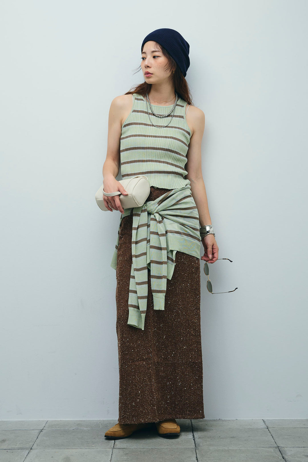 [予約/SET]ランダムボーダーシアーカーデ+ネップツイルストレートスカート(2set)