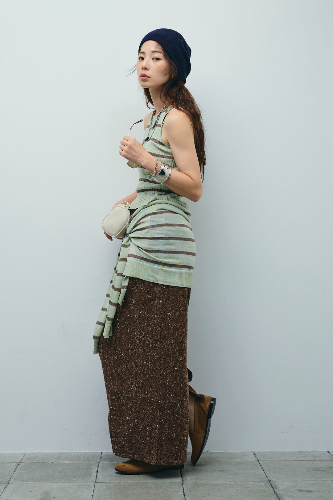 [予約/SET]ランダムボーダーシアーカーデ+ネップツイルストレートスカート(2set)