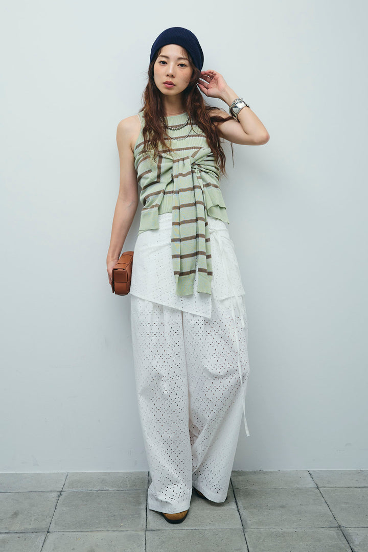 [予約/SET]ランダムボーダーシアーカーデ+アイレットレースラップ付きパンツ(2set)