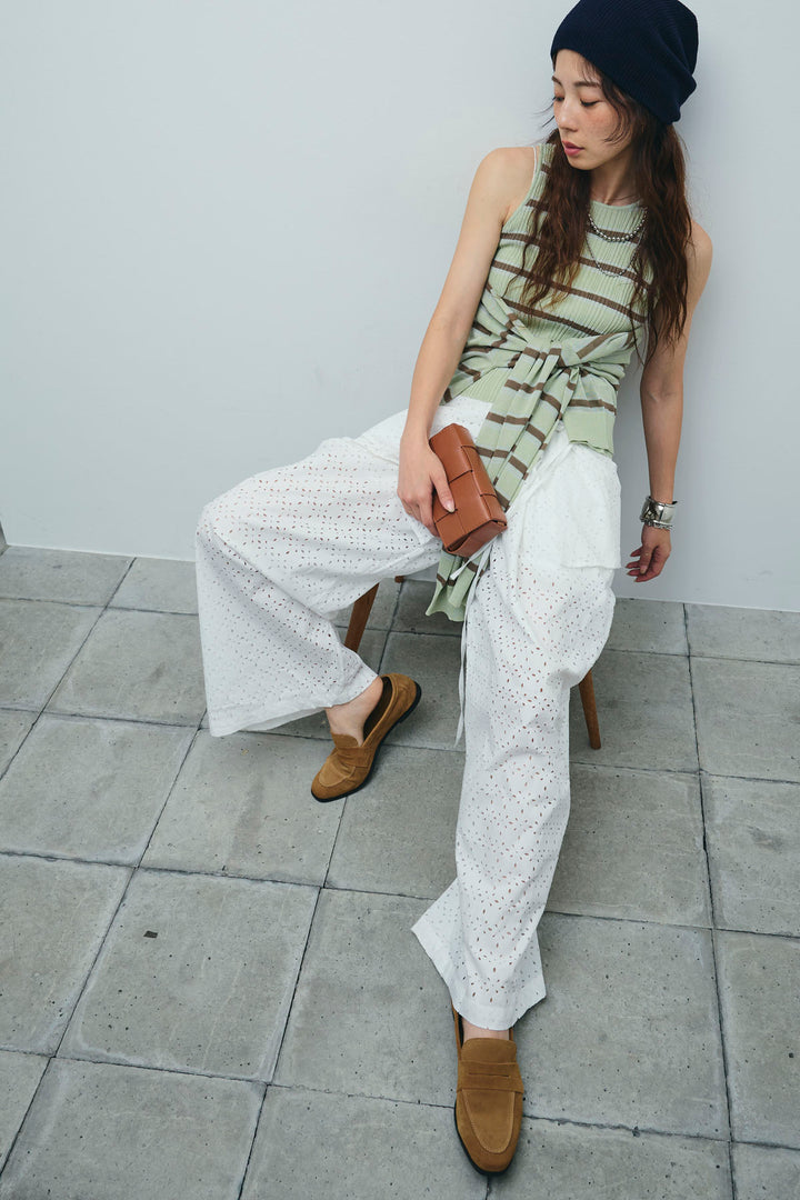 [予約/SET]ランダムボーダーシアーカーデ+アイレットレースラップ付きパンツ(2set)