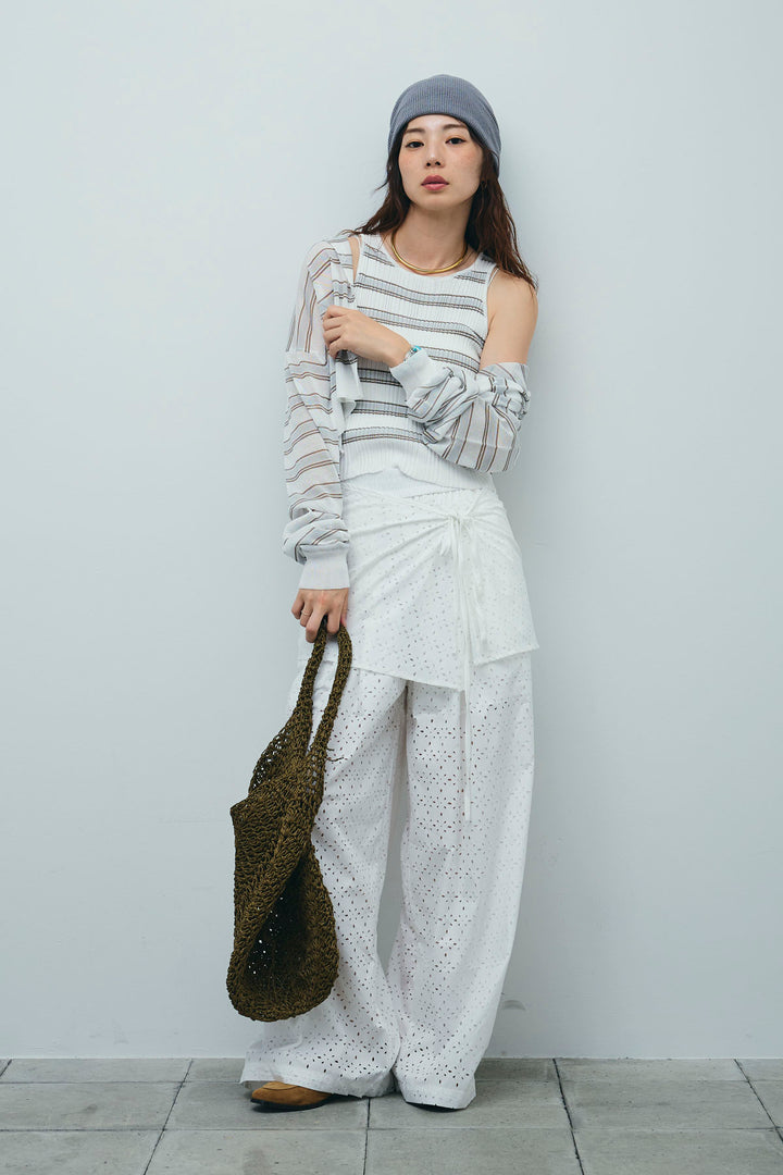 [予約/SET]ランダムボーダーアメスリタンク+ランダムボーダーシアーカーデ+アイレットレースラップ付きパンツ(3set)