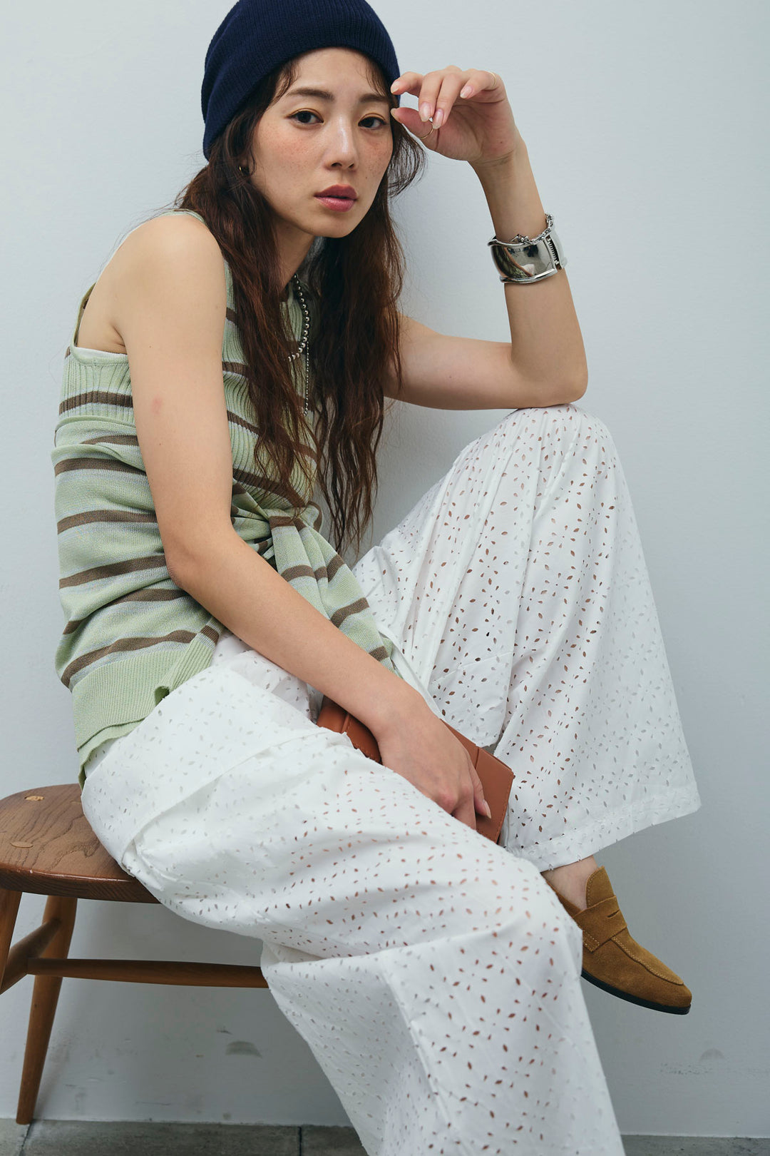 [予約/SET]ランダムボーダーアメスリタンク+ランダムボーダーシアーカーデ+アイレットレースラップ付きパンツ(3set)