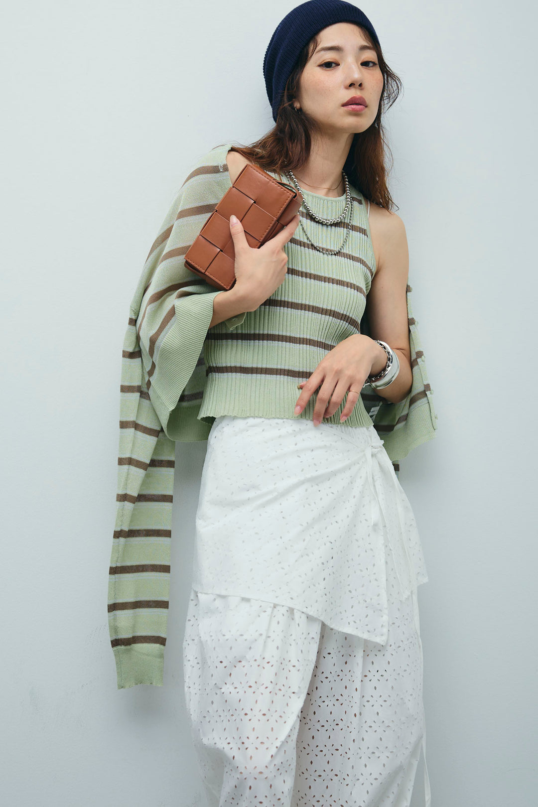 [予約/SET]ランダムボーダーシアーカーデ+アイレットレースラップ付きパンツ(2set)