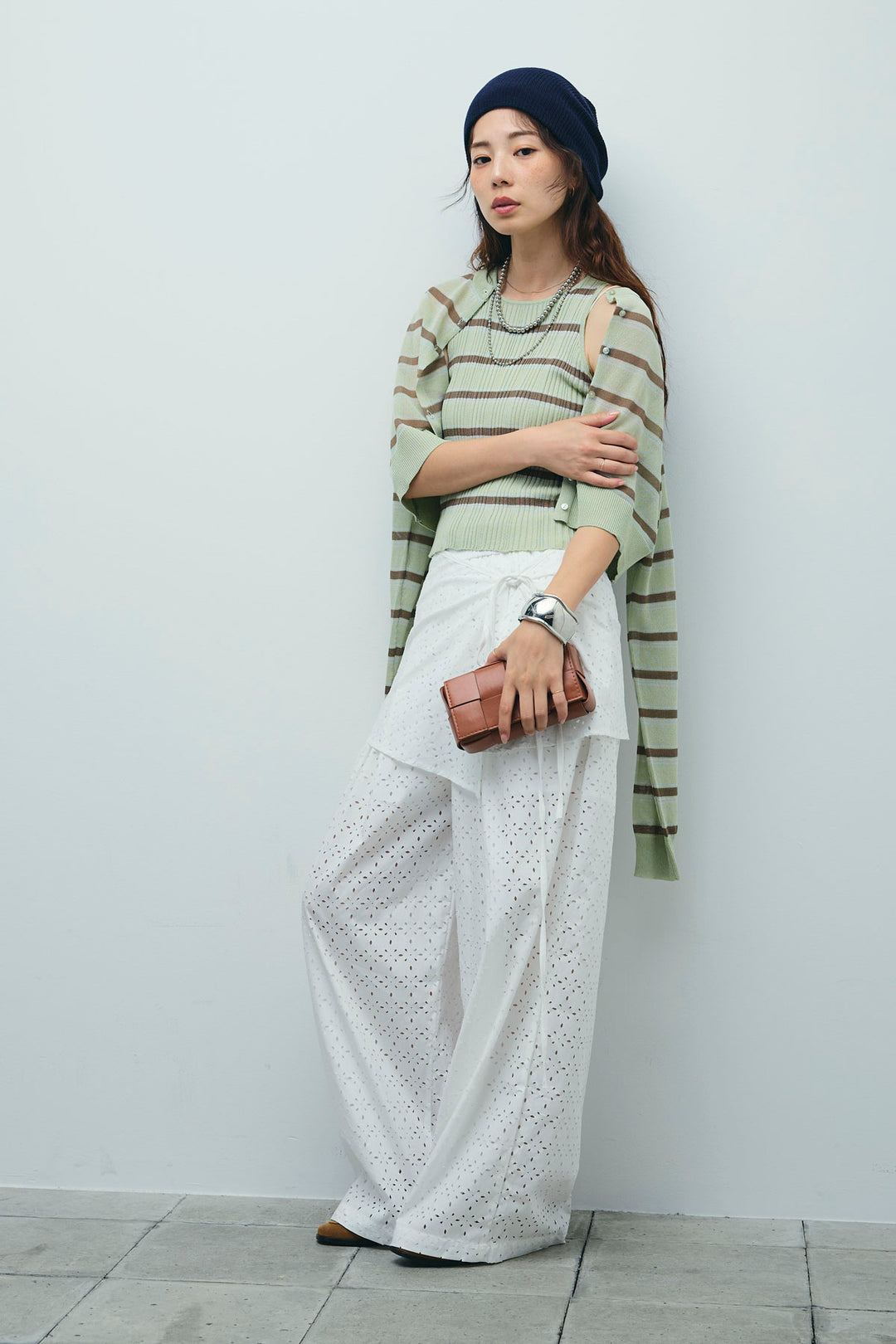 [予約/SET]ランダムボーダーシアーカーデ+アイレットレースラップ付きパンツ(2set)