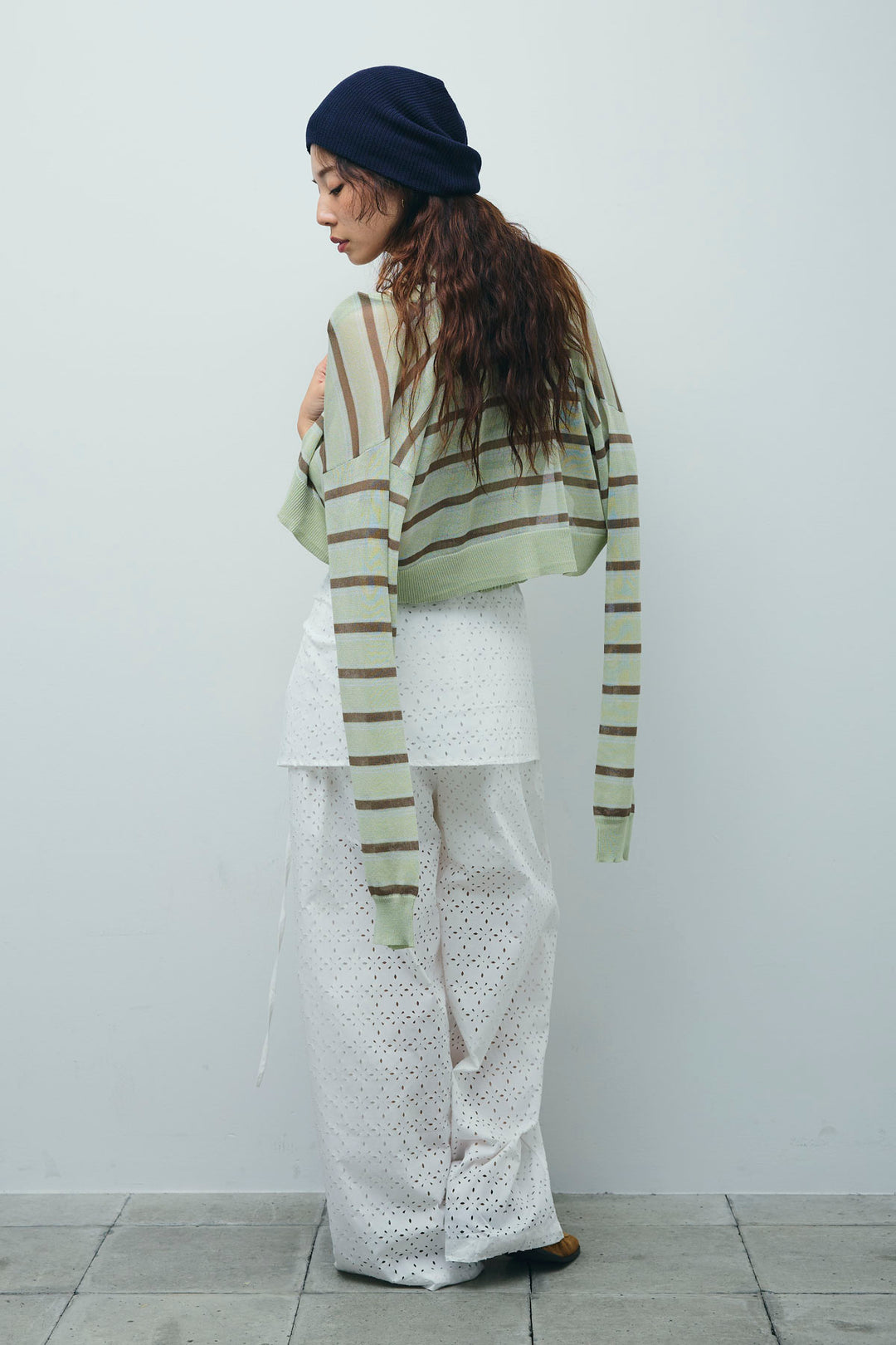 [予約/SET]ランダムボーダーシアーカーデ+アイレットレースラップ付きパンツ(2set)