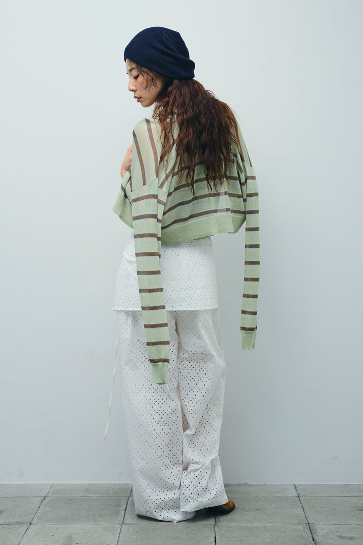 [予約/SET]ランダムボーダーシアーカーデ+アイレットレースラップ付きパンツ(2set)