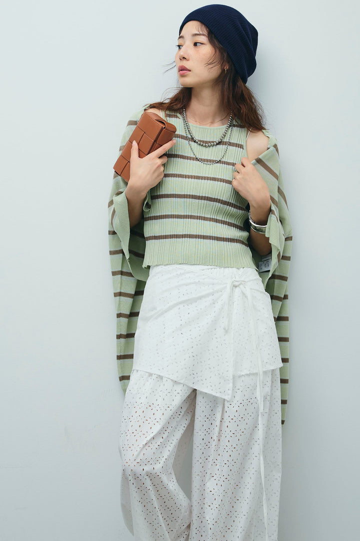 [予約/SET]ランダムボーダーアメスリタンク+ランダムボーダーシアーカーデ+アイレットレースラップ付きパンツ(3set)