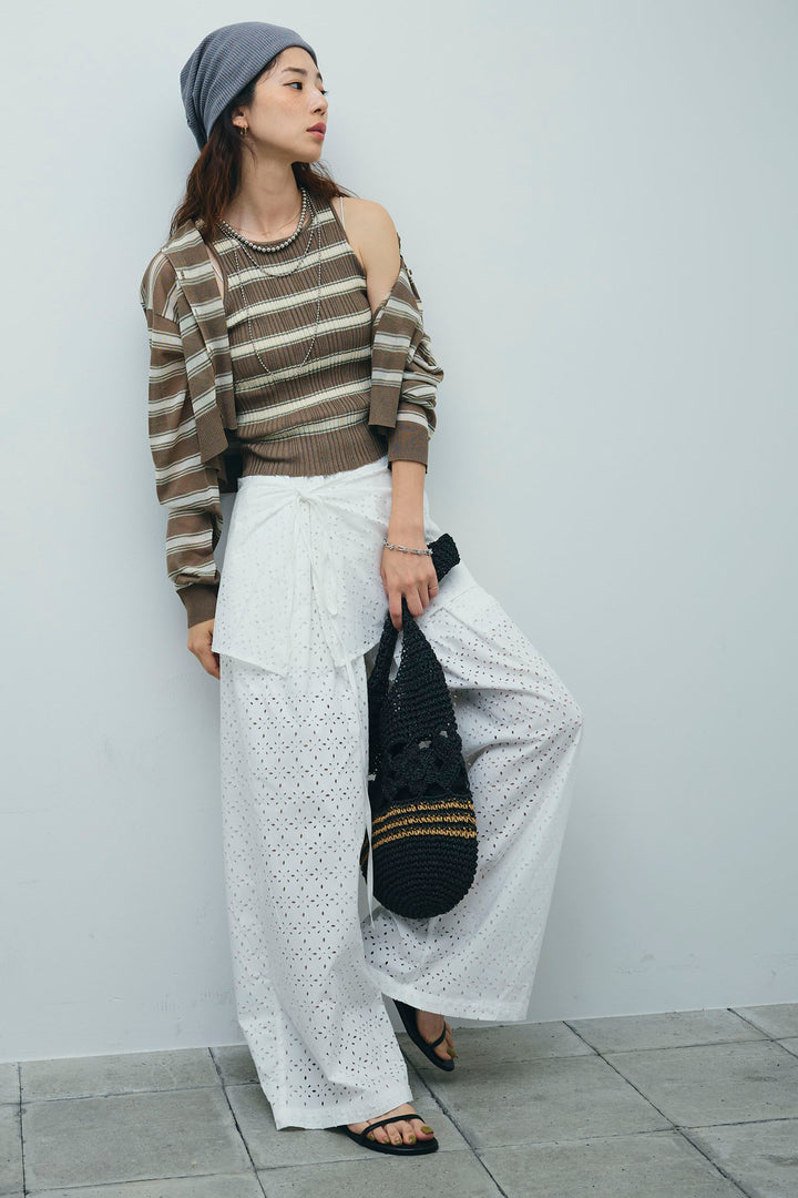 [予約/SET]ランダムボーダーシアーカーデ+アイレットレースラップ付きパンツ(2set)
