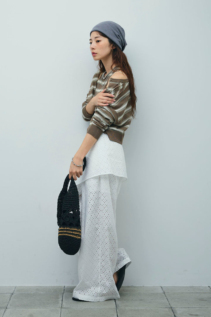 [予約/SET]ランダムボーダーシアーカーデ+アイレットレースラップ付きパンツ(2set)