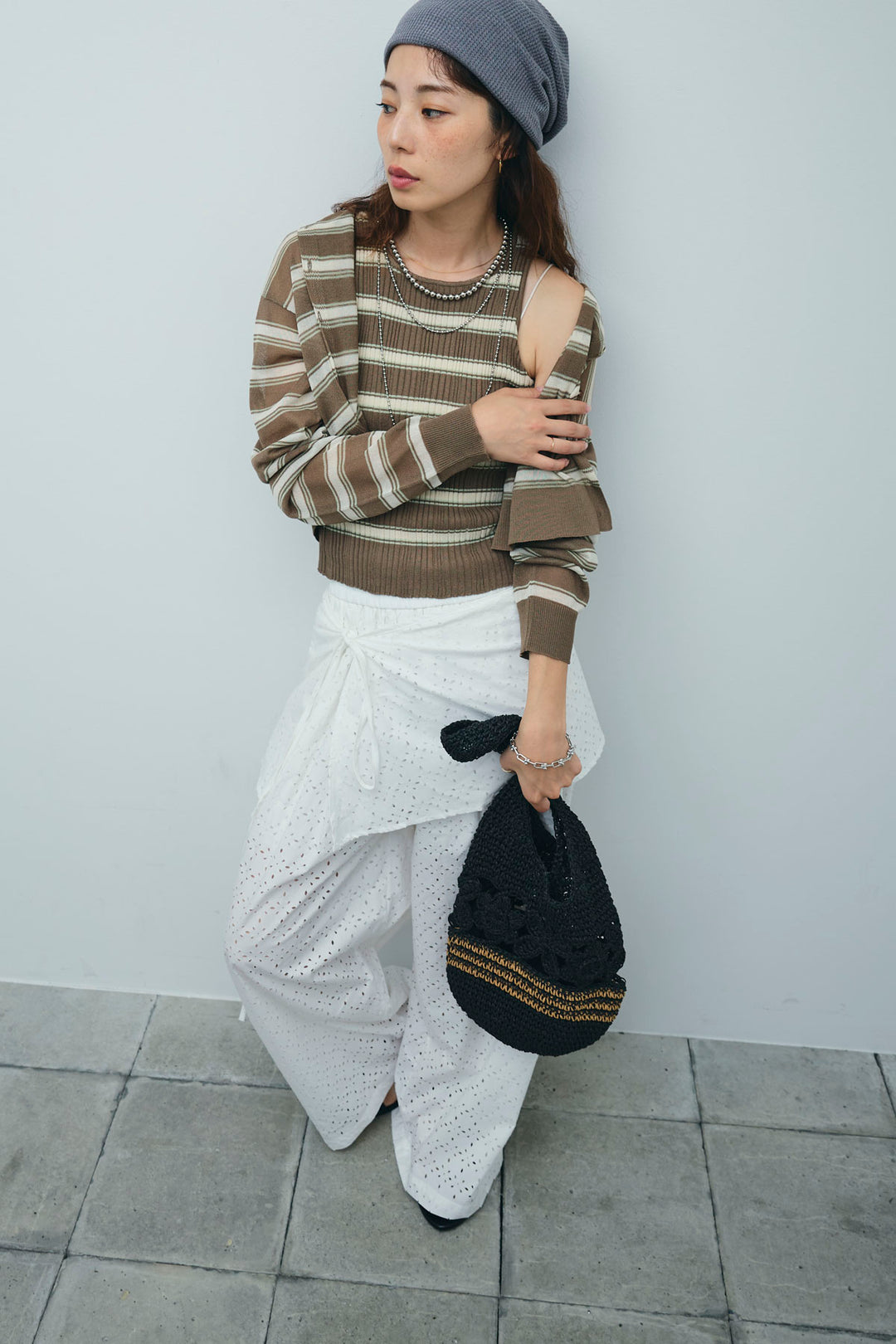 [予約/SET]ランダムボーダーアメスリタンク+ランダムボーダーシアーカーデ+アイレットレースラップ付きパンツ(3set)