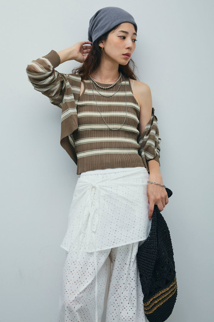 [予約/SET]ランダムボーダーシアーカーデ+アイレットレースラップ付きパンツ(2set)