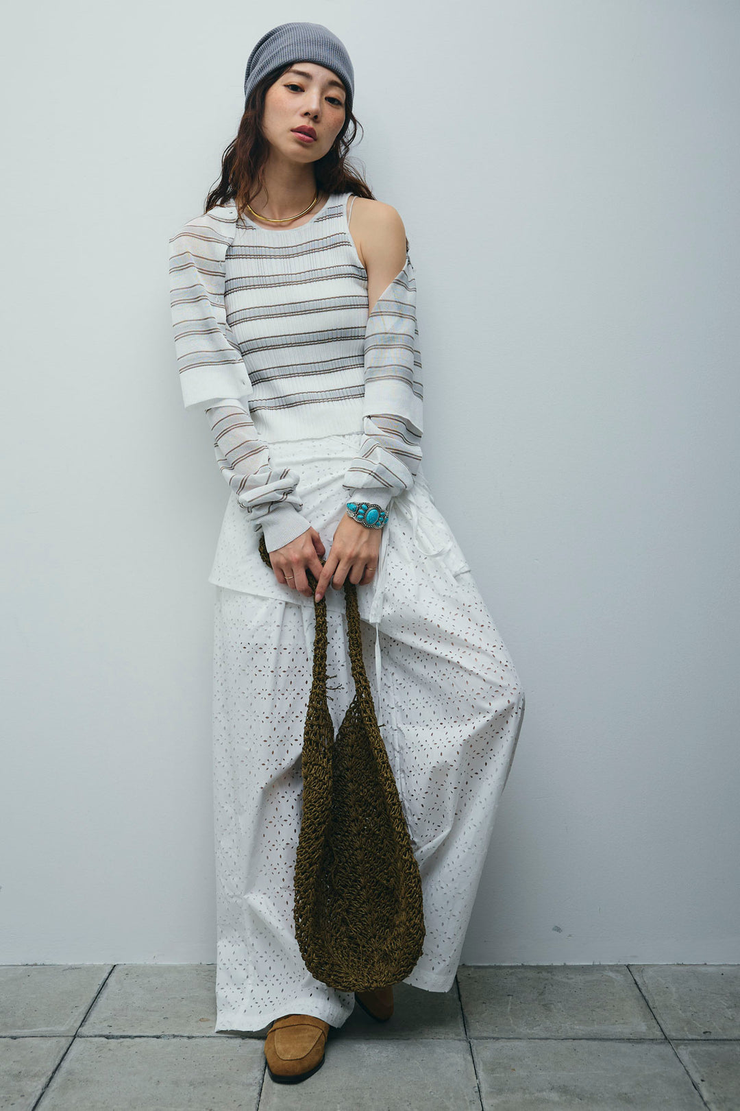 [予約/SET]ランダムボーダーアメスリタンク+ランダムボーダーシアーカーデ+アイレットレースラップ付きパンツ(3set)