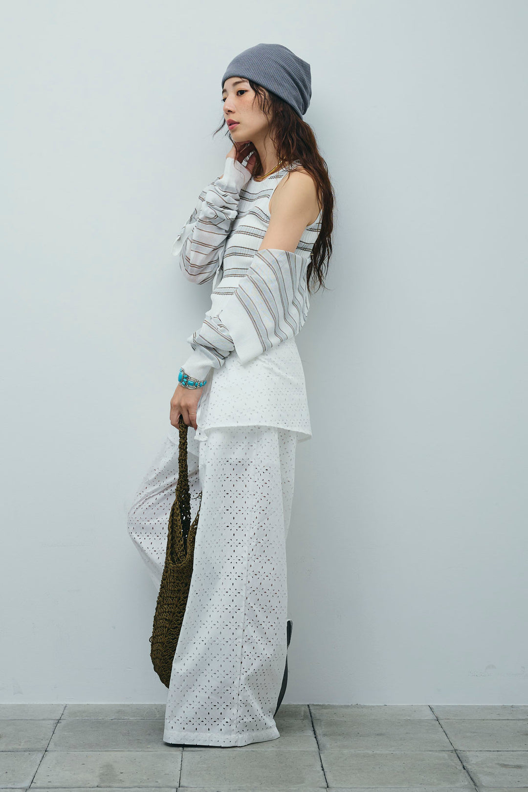 [予約/SET]ランダムボーダーアメスリタンク+ランダムボーダーシアーカーデ+アイレットレースラップ付きパンツ(3set)