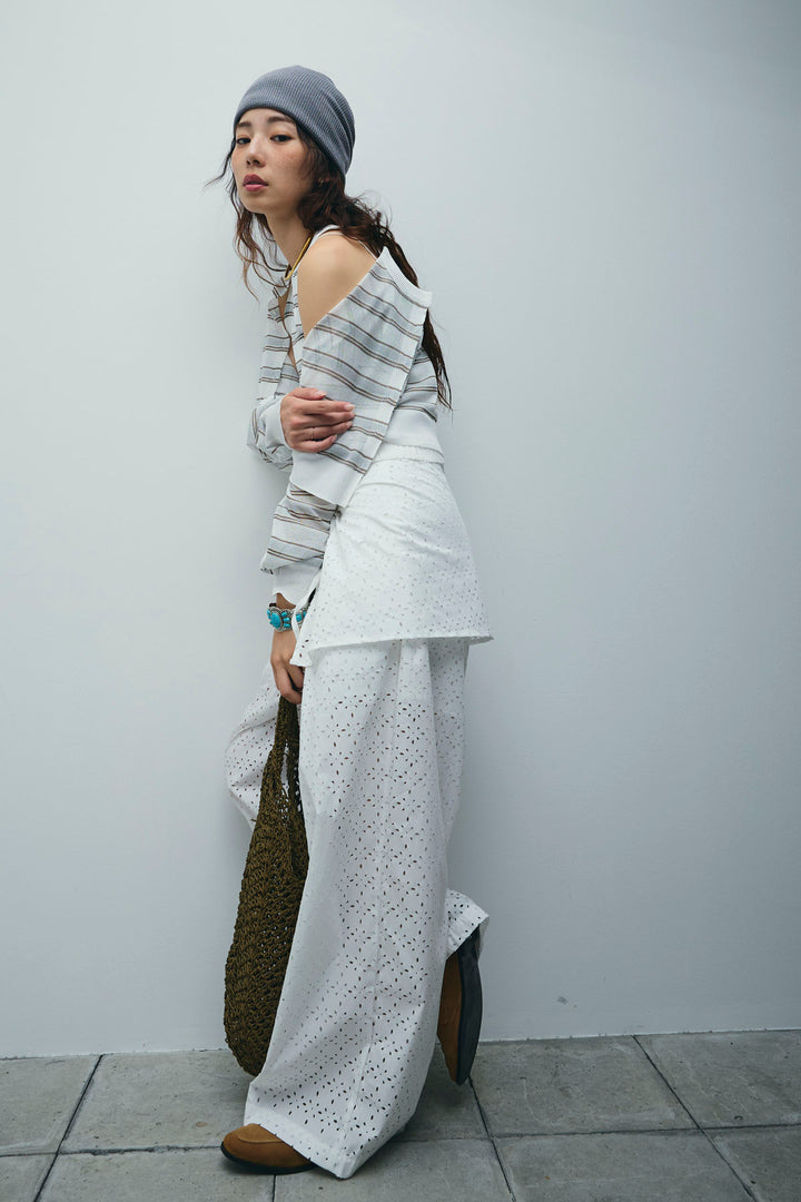 [予約/SET]ランダムボーダーシアーカーデ+アイレットレースラップ付きパンツ(2set)