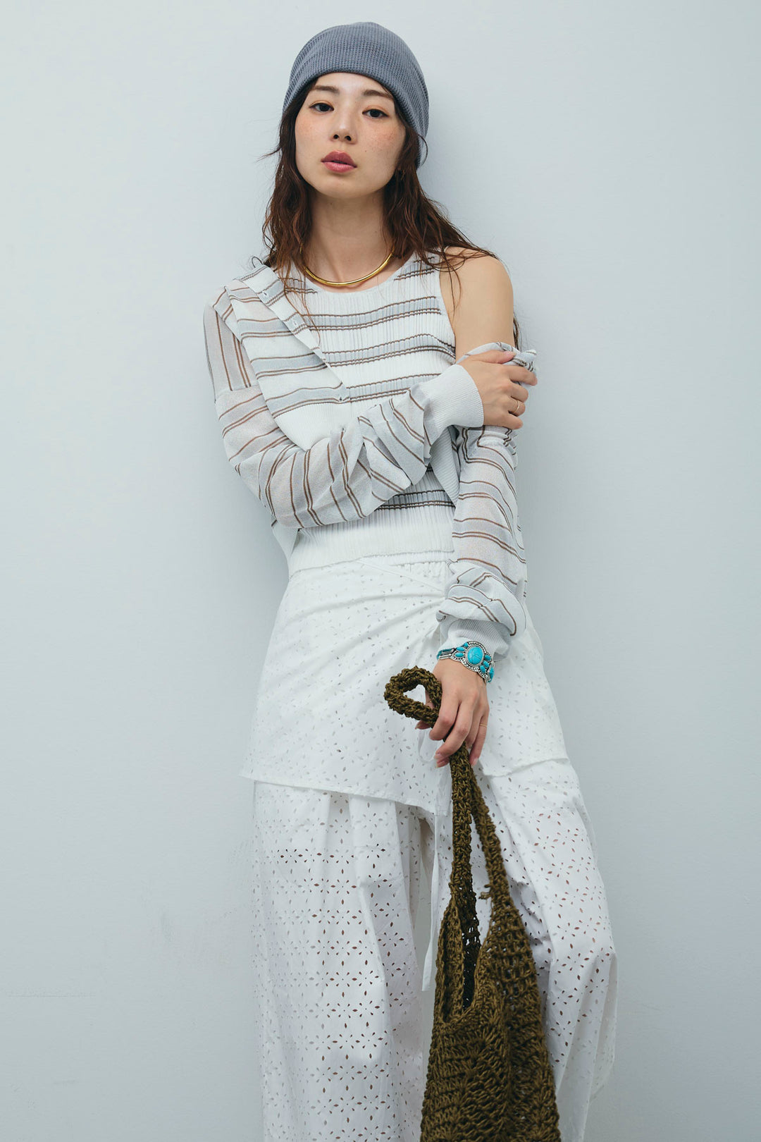 [予約/SET]ランダムボーダーアメスリタンク+ランダムボーダーシアーカーデ+アイレットレースラップ付きパンツ(3set)