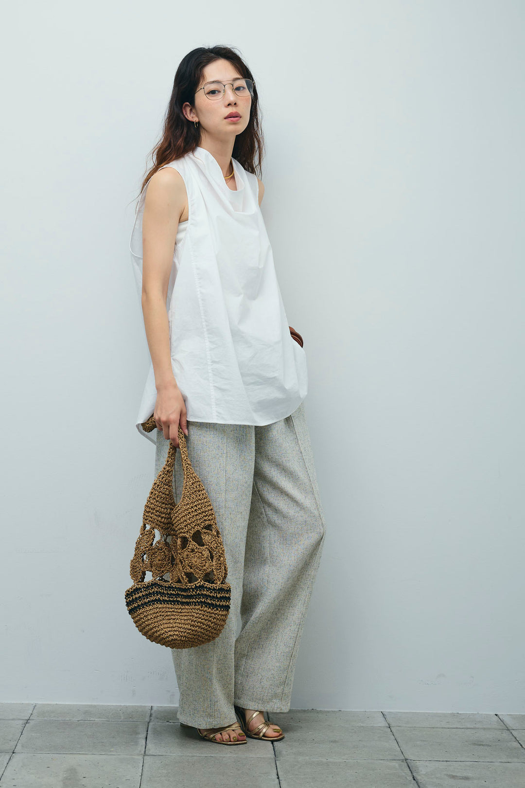 [予約/SET]バックリボンドレープブラウス+サマーツイードタックパンツ(2set)