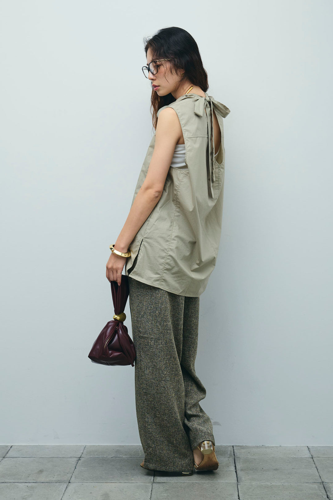 [予約/SET]バックリボンドレープブラウス+サマーツイードタックパンツ(2set)