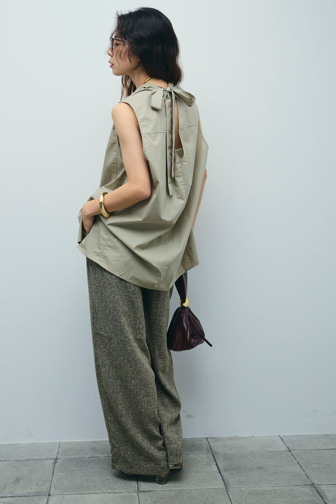 [予約/SET]バックリボンドレープブラウス+サマーツイードタックパンツ(2set)