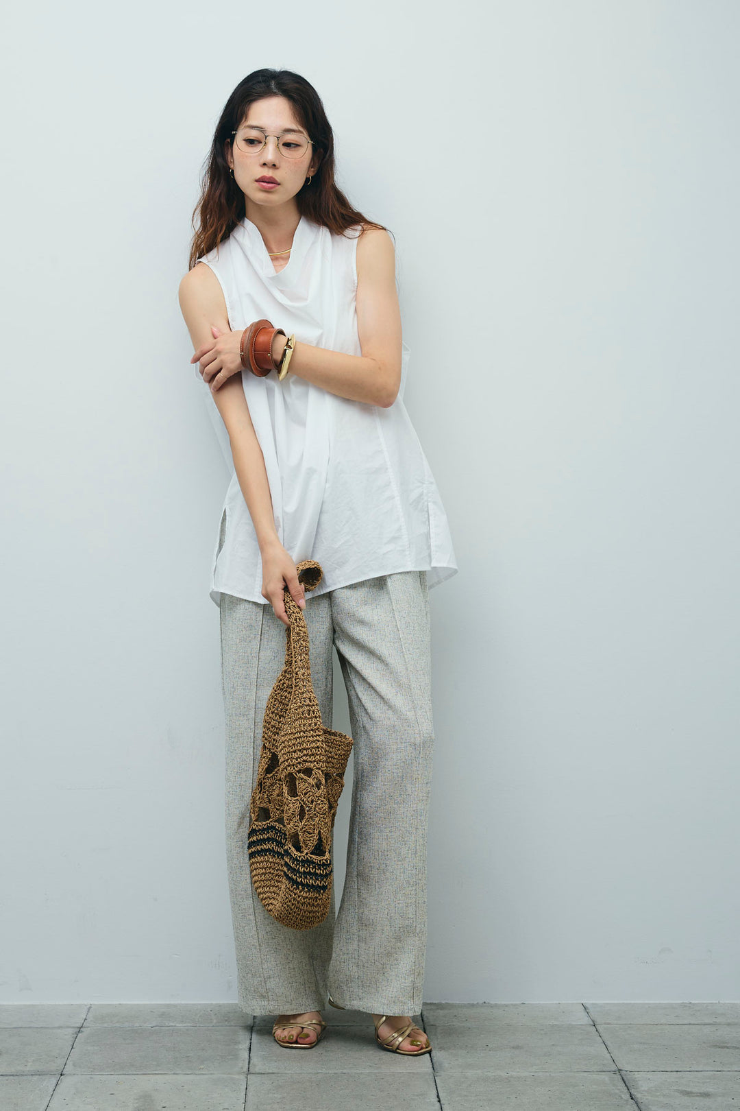 [予約/SET]バックリボンドレープブラウス+サマーツイードタックパンツ(2set)