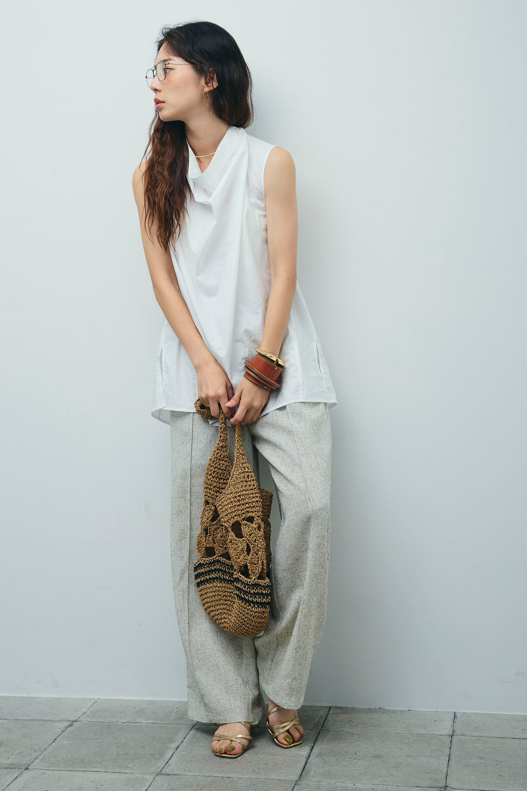 [予約/SET]バックリボンドレープブラウス+サマーツイードタックパンツ(2set)