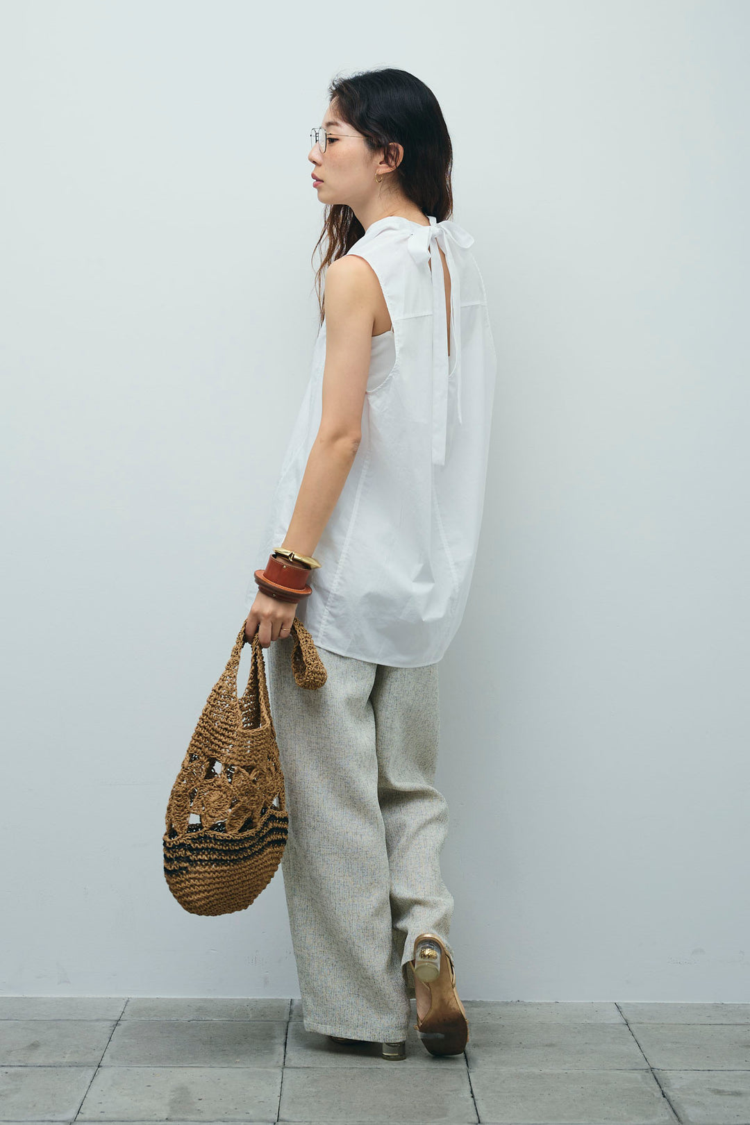 [予約/SET]バックリボンドレープブラウス+サマーツイードタックパンツ(2set)