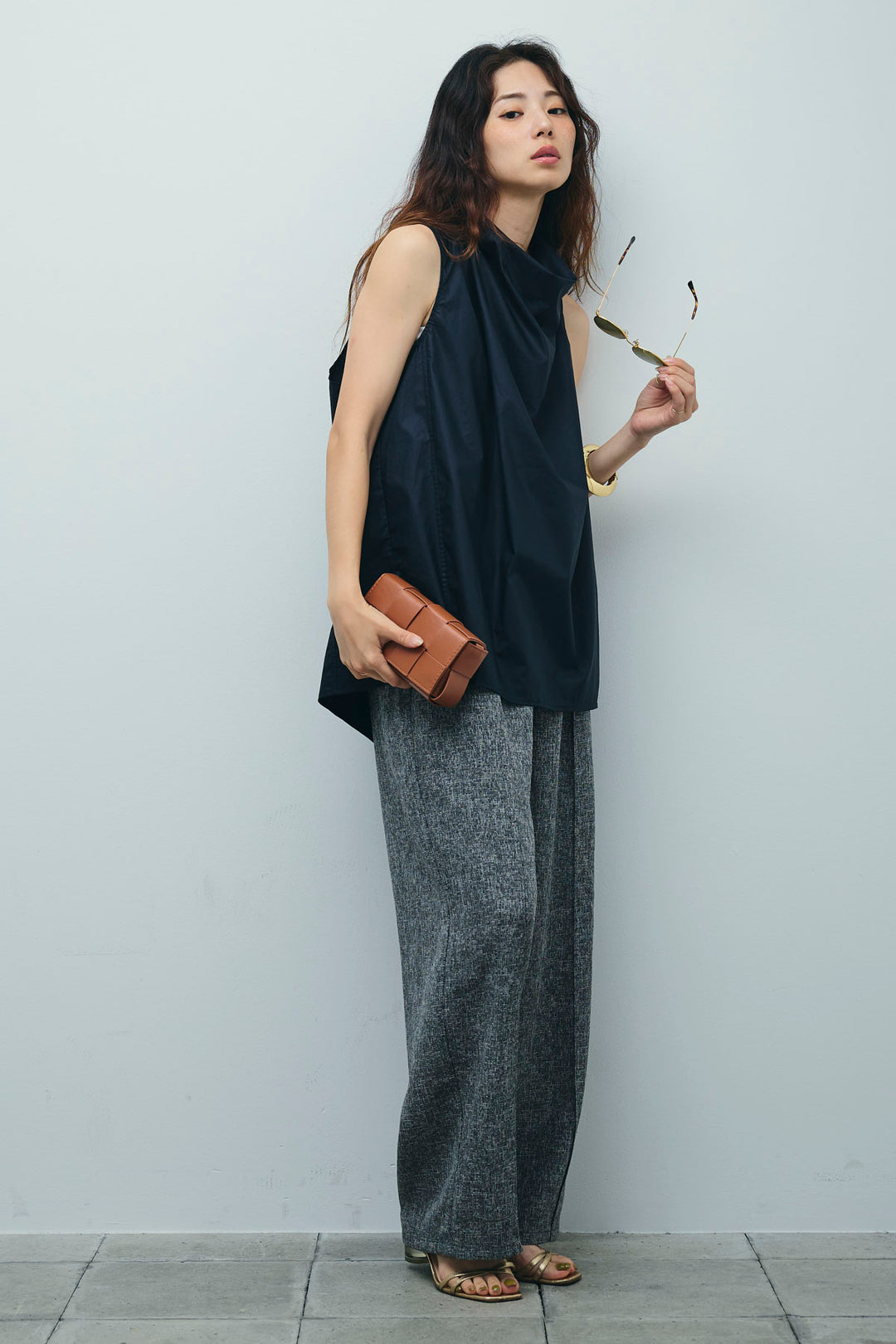 [予約/SET]バックリボンドレープブラウス+サマーツイードタックパンツ(2set)