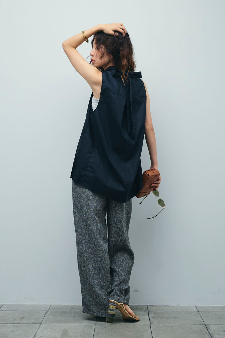 [予約/SET]バックリボンドレープブラウス+サマーツイードタックパンツ(2set)