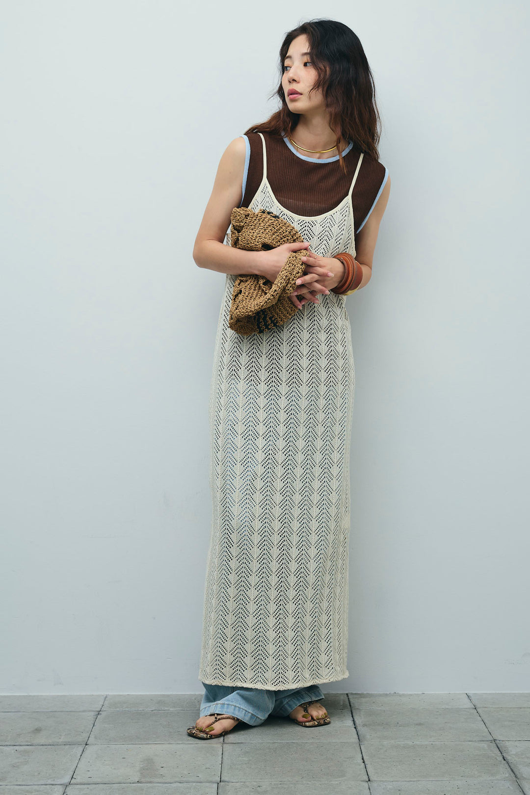 [予約/SET]ニットライクレースキャミOP+ペインターカーブデニムパンツ(2set)