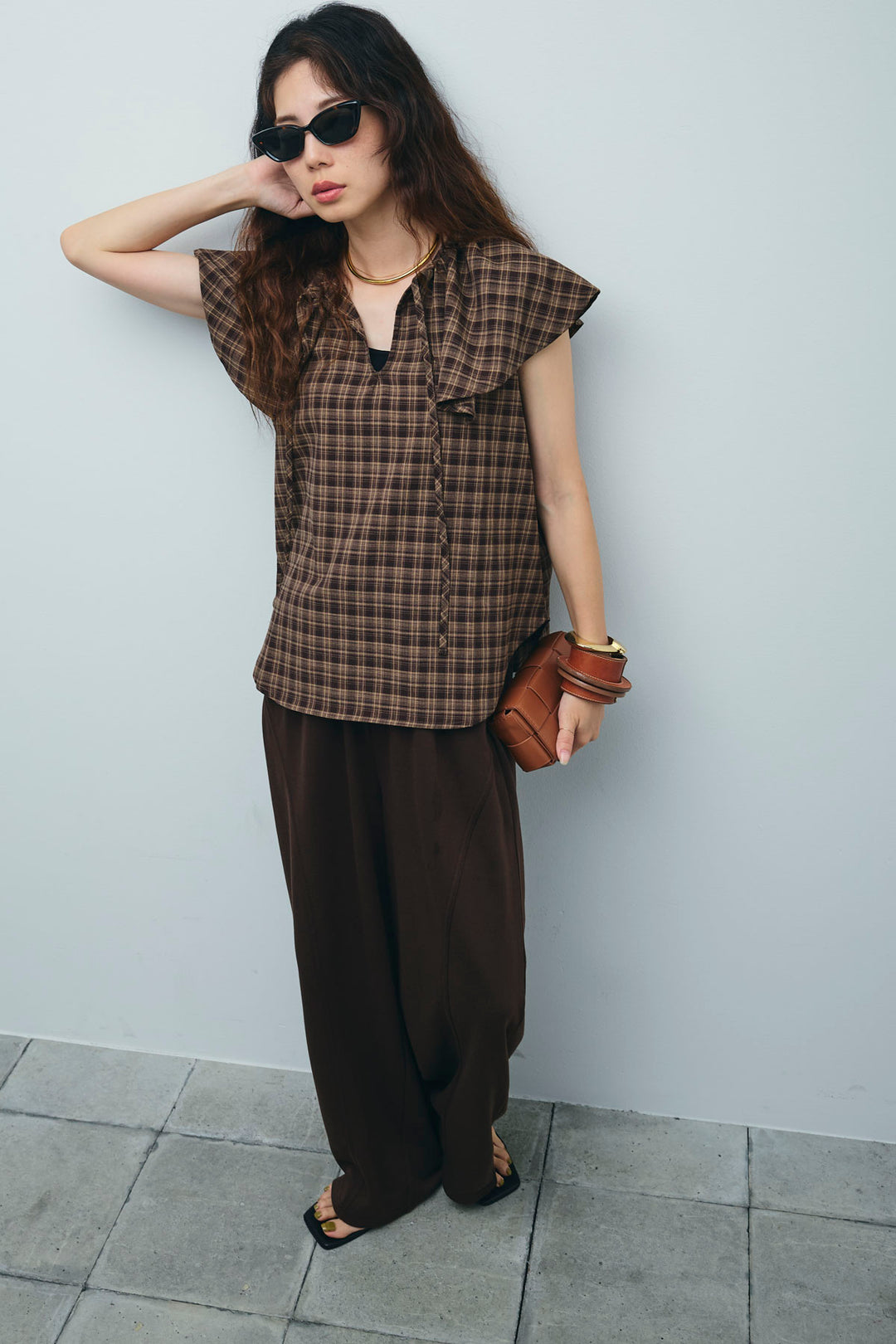 [予約/SET]ビッグカラーチェックブラウス+ミニ裏毛カーブパンツ(2set)