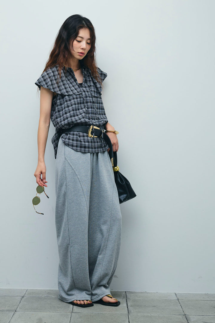 [予約/SET]ビッグカラーチェックブラウス+ミニ裏毛カーブパンツ(2set)